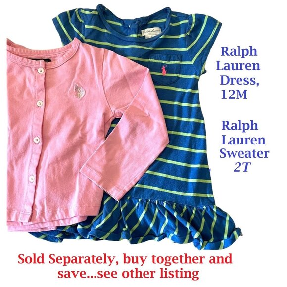 Ralph Lauren Baby Girl Striped Dress 12M Cotton Ruffle Hem Blue and Green - Picture 5 of 5